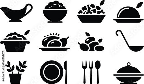 Simple Black Glyph Icons: Food Service, Restaurant, Catering, Menu, Utensils