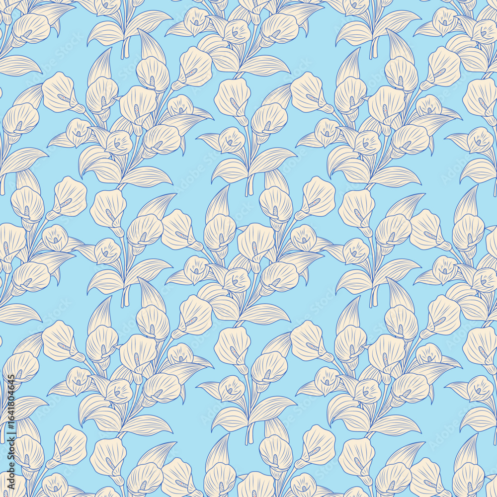 Obraz premium Elegant Calla Lily Seamless Floral Pattern on Blue