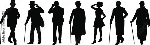 PrintVintage silhouettes, elegant people, classic fashion, top hats, walking canes, retro style, formal wear, old fashioned characters, timeless design illustration