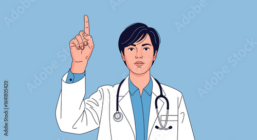 A doctor in a white coat raising his index finger, symbolizing medical advice or new discoveries