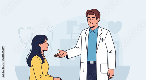 A kind doctor consulting with female patient in a bright and modern clinic setting illustration