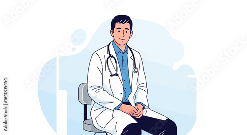 A young male doctor sitting with a stethoscope around his neck in vector illustration