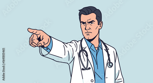 An aggravated male doctor with a white coat and stethoscope points his finger