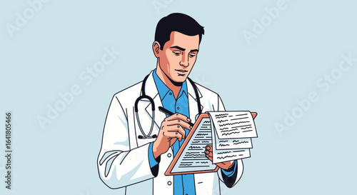 An illustration of a doctor writing on a clipboard is suitable for medical or healthcare themes in