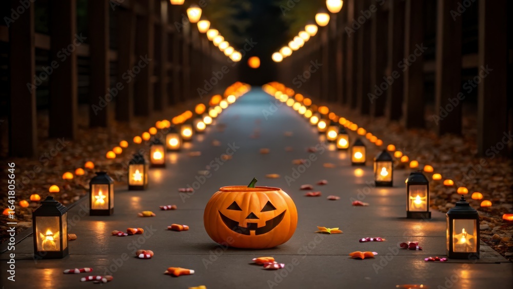 Fototapeta premium Halloween Pumpkin Jack-O'-Lantern Surrounded by Lanterns Along a Pathway in an Autumn Evening