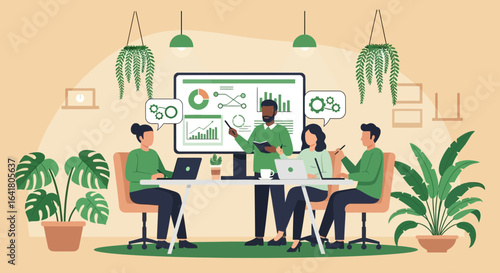 Business presentation showing analytical information and data to team members with fresh plant