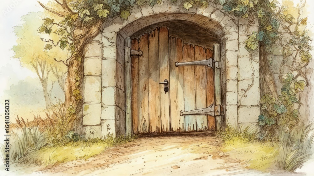 Fototapeta premium Rustic stone archway with wooden door