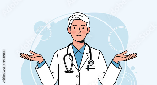 Cartoon doctor illustration presenting medical information with open palms gesture