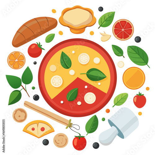 Flat Lay of Pizza Ingredients with Tomato Sauce, Mozzarella, Basil, Mushrooms, Pepperoni and Dough Isolated on White Background
