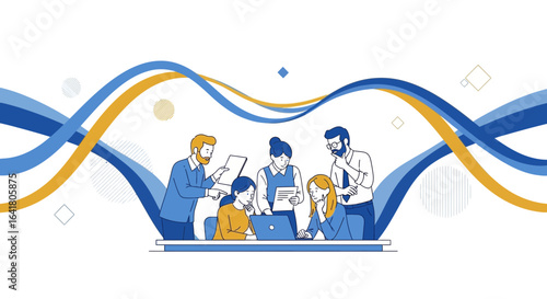 Cartoon illustration of diverse team collaborating on a project, brainstorming ideas together in a