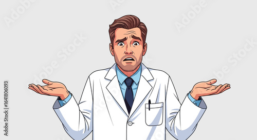 Confused doctor in white coat expressing uncertainty and spreading his hands