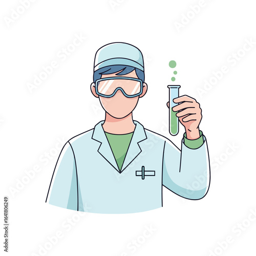 A scientist in a lab coat and goggles holds a test tube with bubbling green liquid, representing scientific research and experimentation.