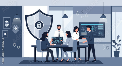 Cybersecurity team meeting discussing data protection strategies with shield symbol