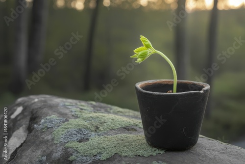 Young seedling growing in a pot on a mossy rock