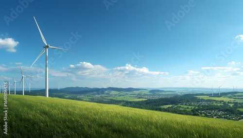 Wind Turbines in Green Fields Generating Renewable Energy
