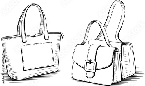 Stylish tote bag and crossbody handbag illustration, fashion accessory sketch, trendy woman purse design, leather bag drawing for branding