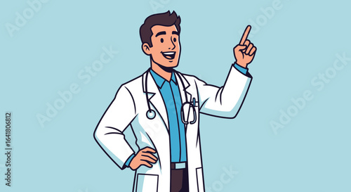 Friendly doctor cartoon illustration pointing upwards offering medical advice or information