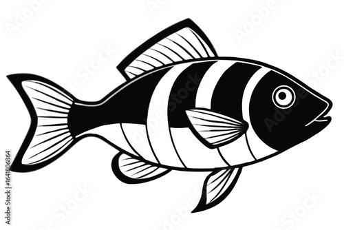 Black and white cartoon fish with stripes on white background
