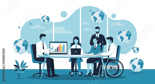 Global business meeting illustration showcasing teamwork and collaboration among diverse