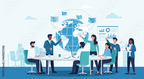 Global Business Strategy Meeting Collaboration and International Teamwork Vector Illustration