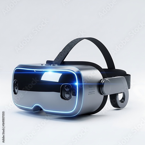 Futuristic virtual reality headset with glowing blue neon lights, isolated on a clean white background.
