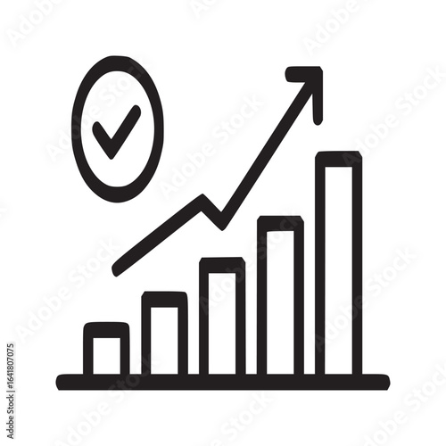 A line drawing showing a bar graph with an upward trending arrow and a check mark in a circle icon
