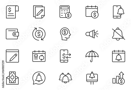 Subscription line icon set. Pixel perfect. Editable stroke. The set includes a Subscription, Newsletter, Newspaper, Reminder, Notification Icon, Letter, Megaphone, Bell, Mail, Message, Web Page.