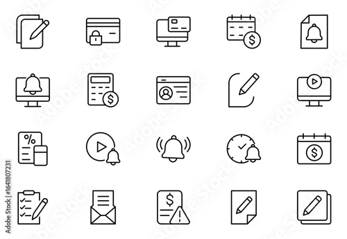 Subscription line icon set. Pixel perfect. Editable stroke. The set includes a Subscription, Newsletter, Newspaper, Reminder, Notification Icon, Letter, Megaphone, Bell, Mail, Message, Web Page.