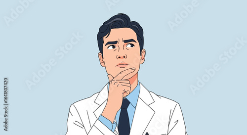 Illustration of a thoughtful doctor in a lab coat with hand on chin pondering diagnosis or decision