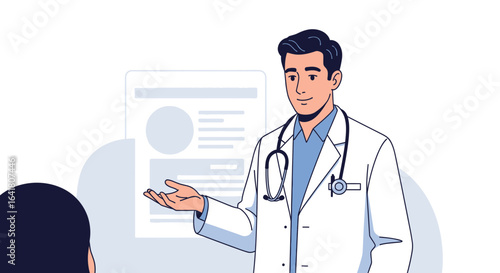 Illustration of male doctor explaining health information to patient in clinic consultation setting