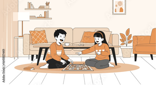 Illustration of cheerful children playing board game in a cozy living room