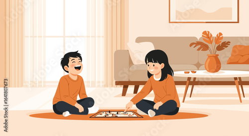 Joyful Illustration of Siblings Enjoying a Board Game Together at Home