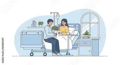 Man visits woman at hospital bringing flowers expressing love and care during her recovery