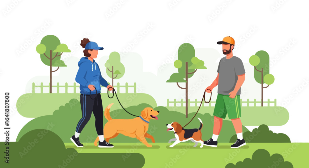 Fototapeta premium People walking dogs in a park, promoting active lifestyles and pet companionship, showcasing