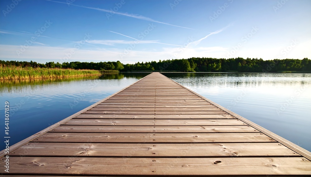 Fototapeta premium Serene wooden pier extending across a calm lake