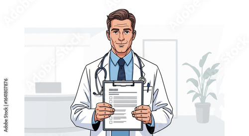 Professional doctor holding medical record and stethoscope in office setting
