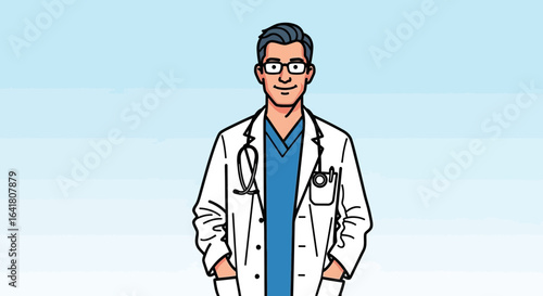 Professional doctor illustration, confident health provider in lab coat illustration