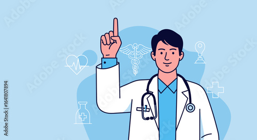 Professional doctor pointing upwards, ready to share medical advice and information, health