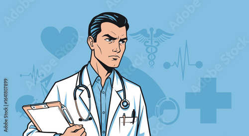Serious doctor in lab coat holding clipboard in medical themed pop art background design