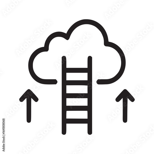 A black and white illustration of a ladder going into a cloud with two arrows pointing up to the cloud