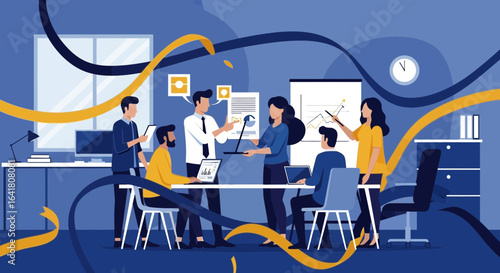 Team collaboration and project review meeting in modern office setting with graphs