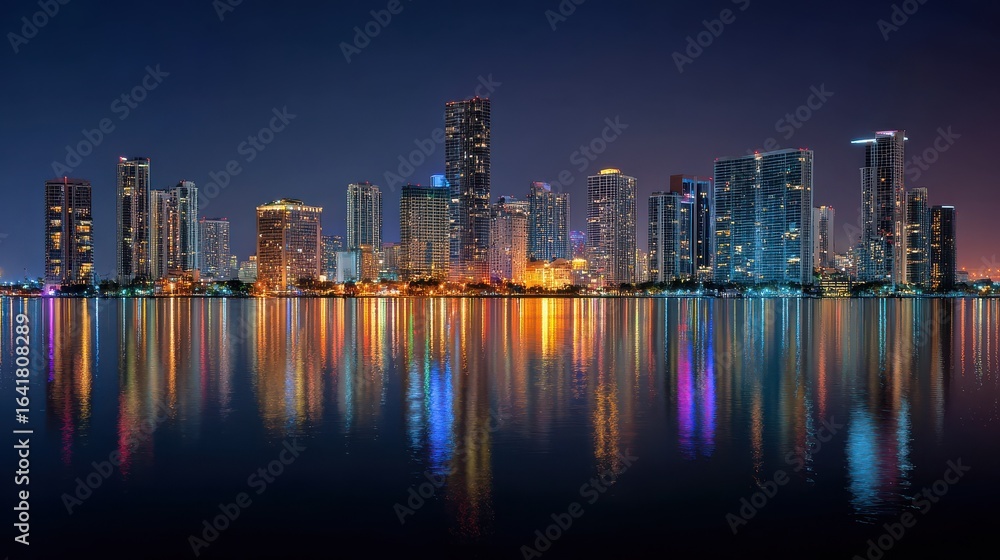 Naklejka premium miami downtown panorama at night in south florida no logos no brands ar 169