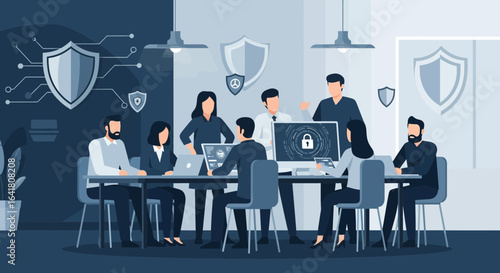 Team discusses cybersecurity strategy and data protection in modern office setting
