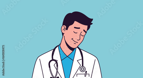 Thoughtful doctor with stethoscope in minimalist design on a light blue background, showcasing