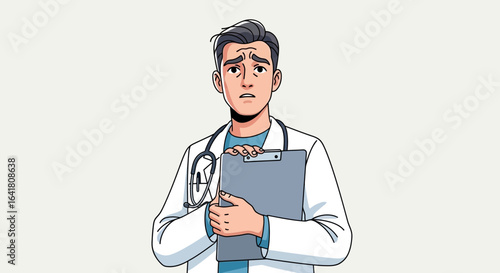 Worried doctor holding clipboard expressing concern about patient health condition