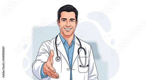 Welcoming doctor offering handshake embodies trust and medical professionalism