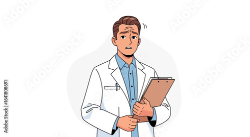 Worried doctor with clipboard in hand expresses concern about patient diagnosis or test results