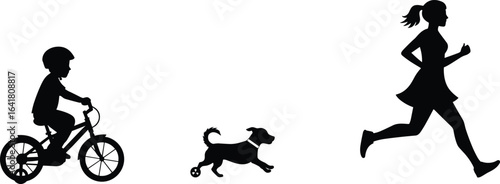 Child riding bicycle, woman running, dog chasing, outdoor exercise, healthy lifestyle, family activity, fitness, fun, leisure time, active living