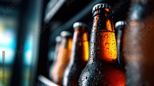 Close-up of chilled beer bottles with condensation in a well-stocked beverage display, vibrant background
