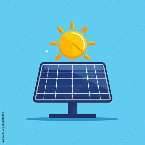 An illustration showing a solar panel with the sun above it on a blue background. Depicts sustainable energy source